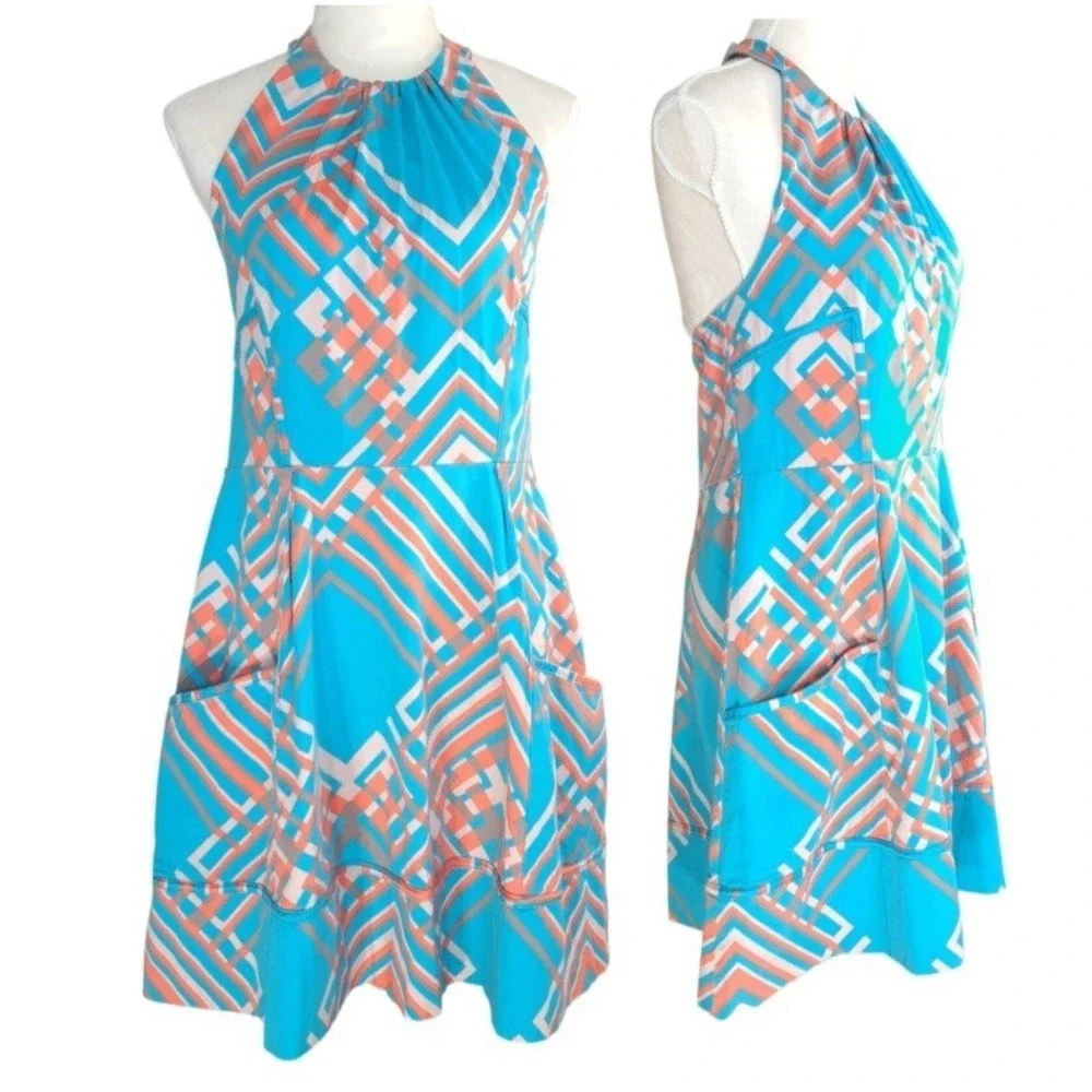 Jessica Simpson Dress Size 14 Blue Geometric Halter Pockets Stretch Cotton Lined